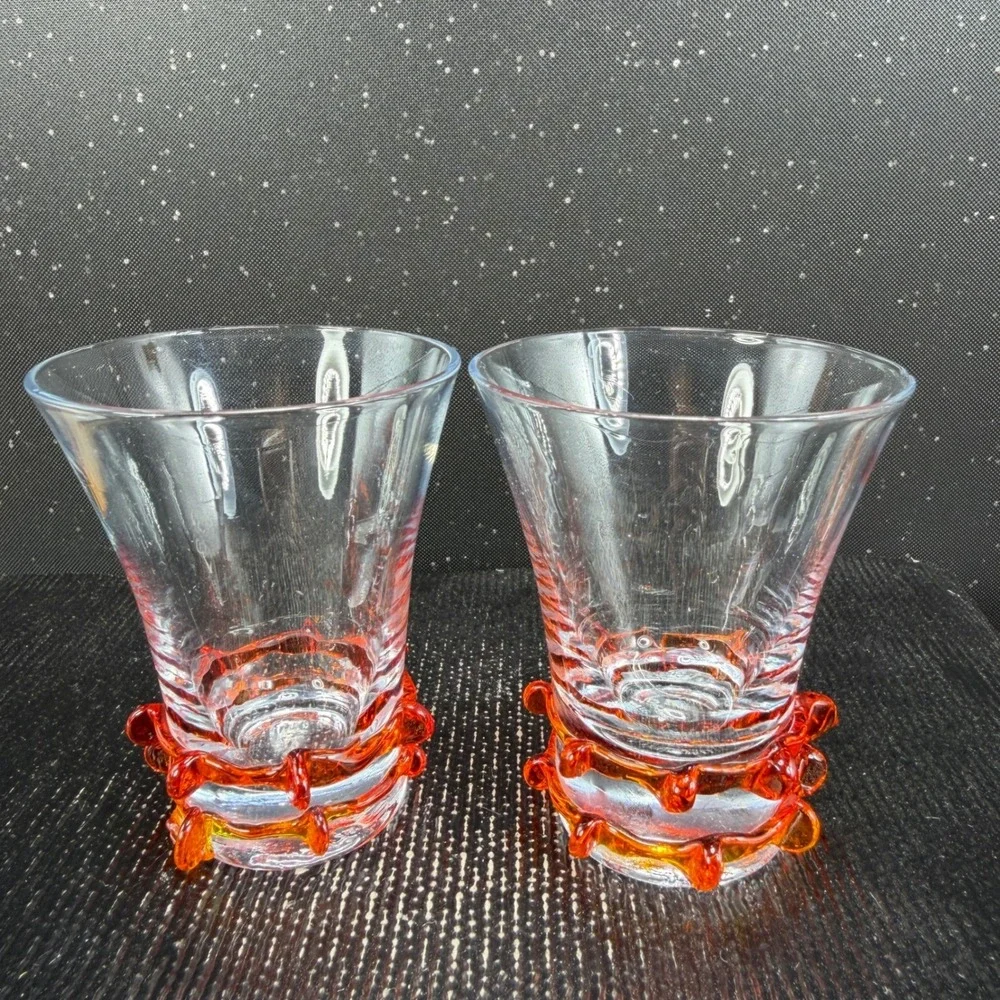 Italian Art Glass Shot Glasses Set 2 Orange Rigaree Flared Clear Glass MCM